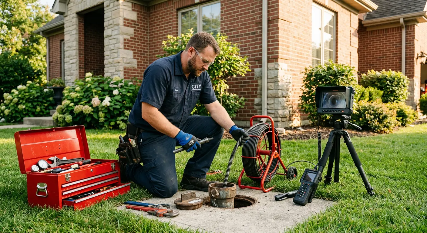 Sewer specialist with camera equipment servicing a cleanout in Goldenrod