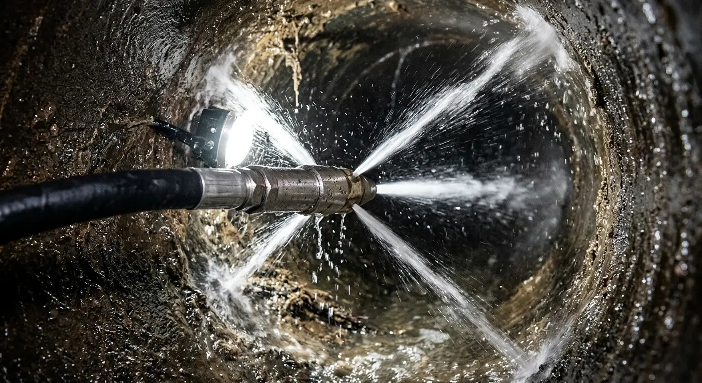 High-pressure hydro jetting nozzle cleaning sewer pipe for Trenchless Sewer Repair in Goldenrod