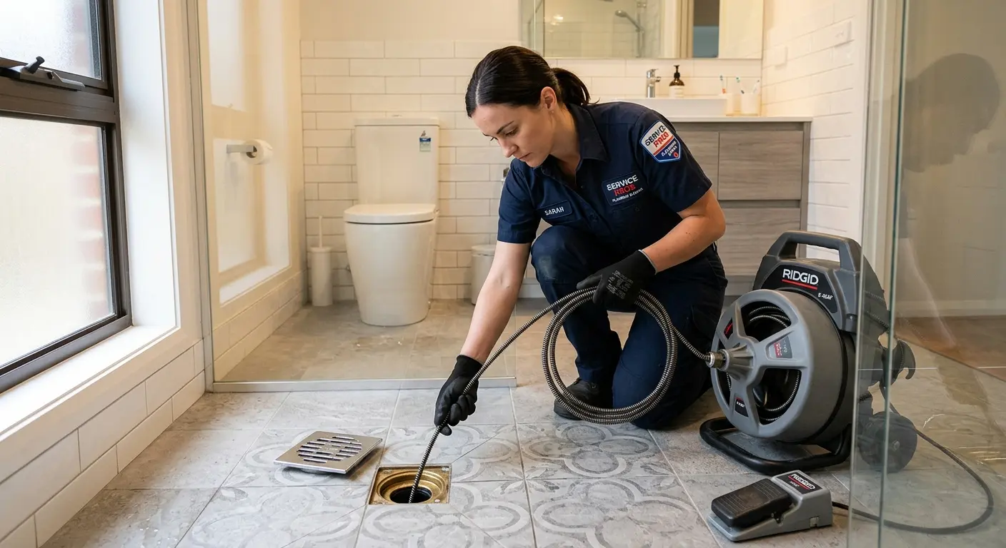 Technician clearing a bathroom floor drain for Sewer Line Installation in Goldenrod